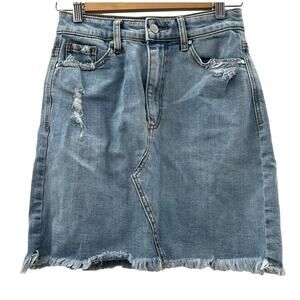AFRM Denim Fitted Decon Light Wash Distressed‎ Raw Hem Mini Skirt Size 27